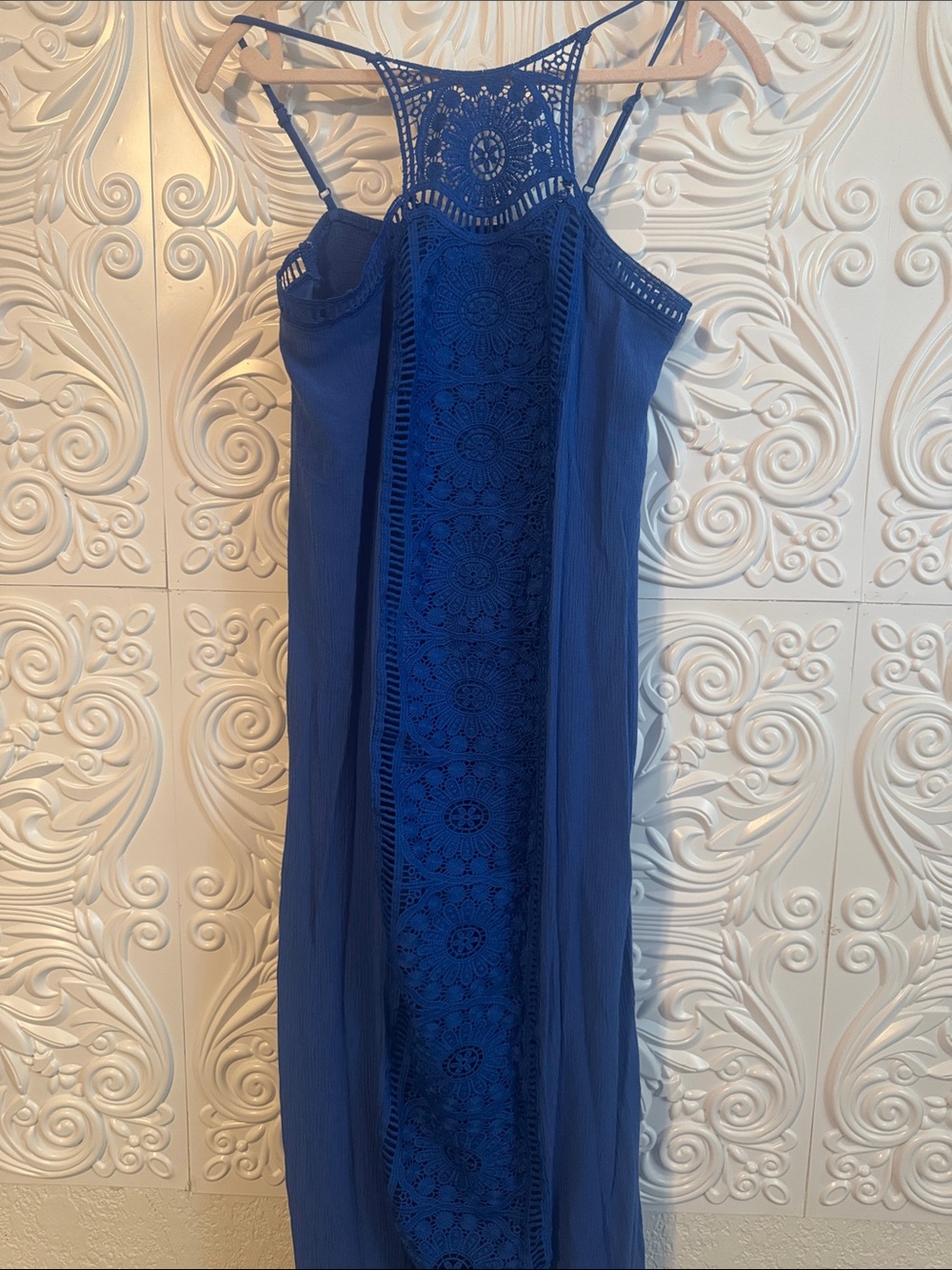 Shinestar Royal Blue Crochet-Front Midi Dress